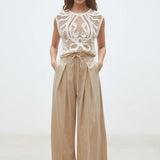 Pantalon tailleur large fluide à pinces et ceinture à nouer Jeff - Beige - SUNCOO
