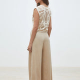 Pantalon tailleur large fluide à pinces et ceinture à nouer Jeff - Beige - SUNCOO