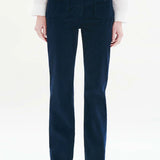Pantalon bootcut en velours marine CAROLL Pelley avec poches plaquées et boutons dorés vue de face