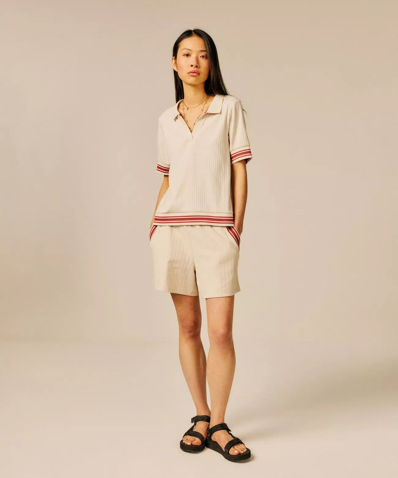 Polo en maille côtelée Planci - Beige clair - SUN VALLEY FEMME