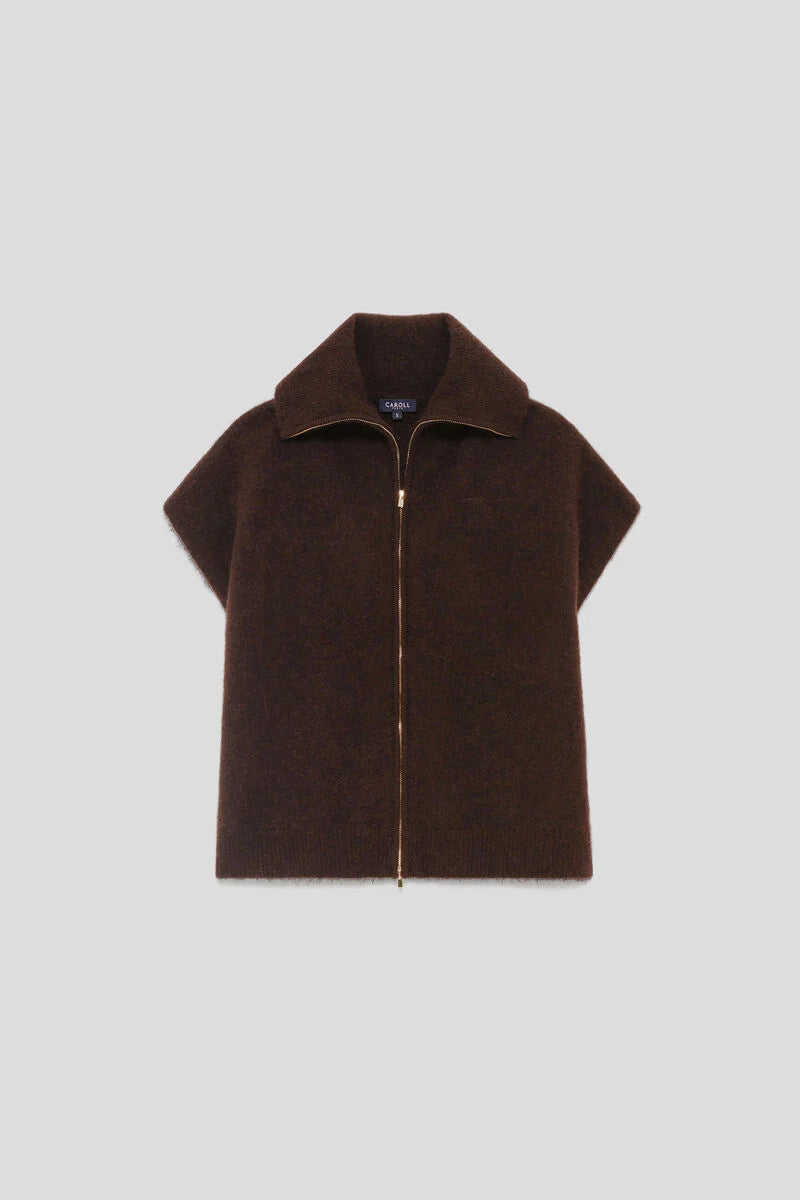 Vue à plat du pull sans manches zippé CAROLL Mitch couleur ganache