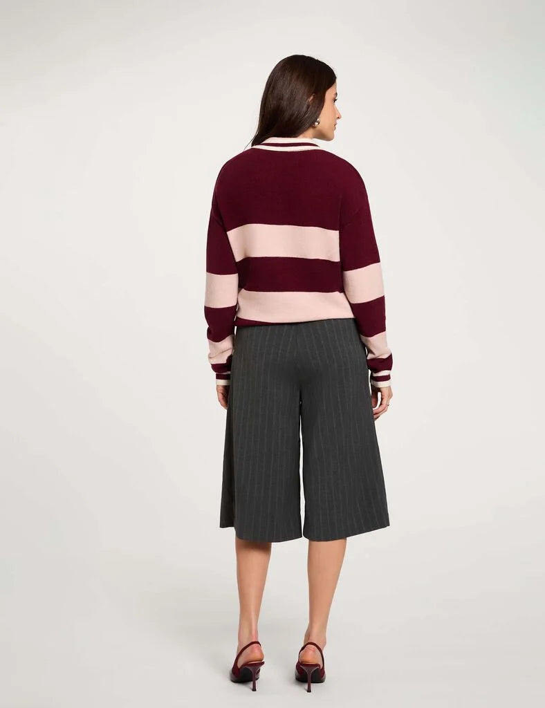 Vue de dos du pull à rayures bordeaux et rose MORGAN Mruby