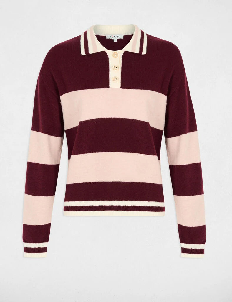 Vue à plat du pull col polo bordeaux à rayures MORGAN Mruby