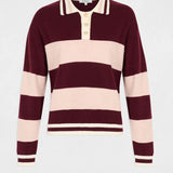 Vue à plat du pull col polo bordeaux à rayures MORGAN Mruby