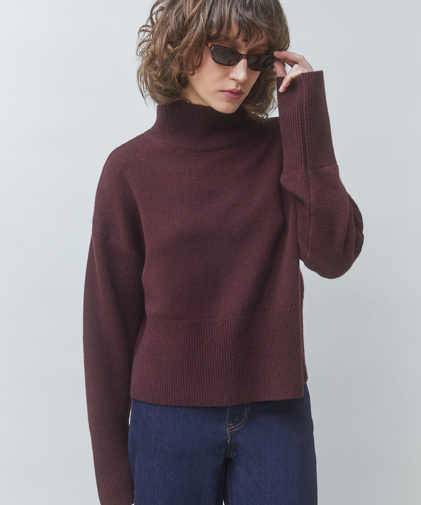 Pull col montant en laine pruno SUNCOO FEMME Pinto porté de face avec des lunettes de soleil