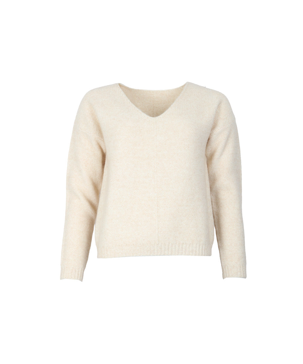 Pull col V en maille douce beige chiné irisé C'EST BEAU LA VIE Tanzanie vue de face