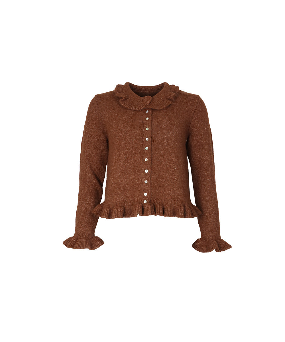 Cardigan en maille irisée cappuccino C'EST BEAU LA VIE Graperi avec col Claudine volanté et boutons nacrés vue de face
