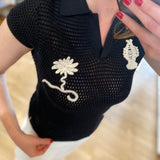 Pull polo en crochet à motifs brodés - Noir - FABIENNE CHAPOT