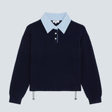 Visuel à plat du pull polo bicolore bleu nuit à cordons de serrage SUNCOO FEMME Paulin