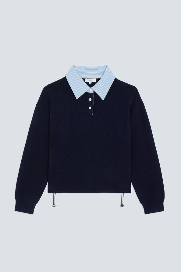 Visuel à plat du pull polo bicolore bleu nuit à cordons de serrage SUNCOO FEMME Paulin