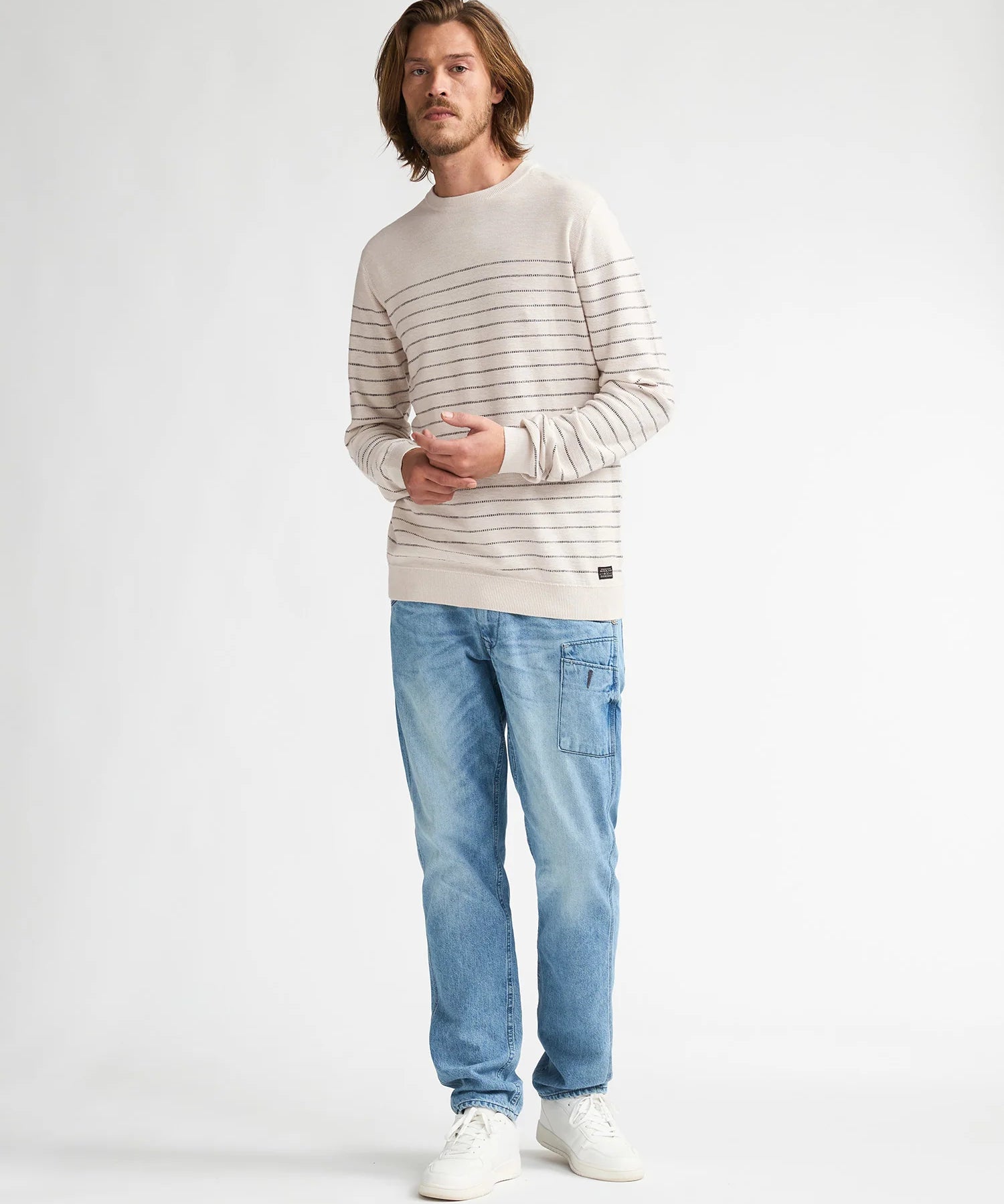Pull col rond rayé en maille fine Chiltepin - Sable - PETROL INDUSTRIES HOMME