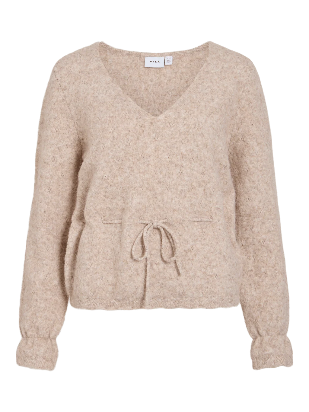 Photo a plat du pull en maille ajouree beige Vichamblin VILA avec col V et cordon de serrage a la taille