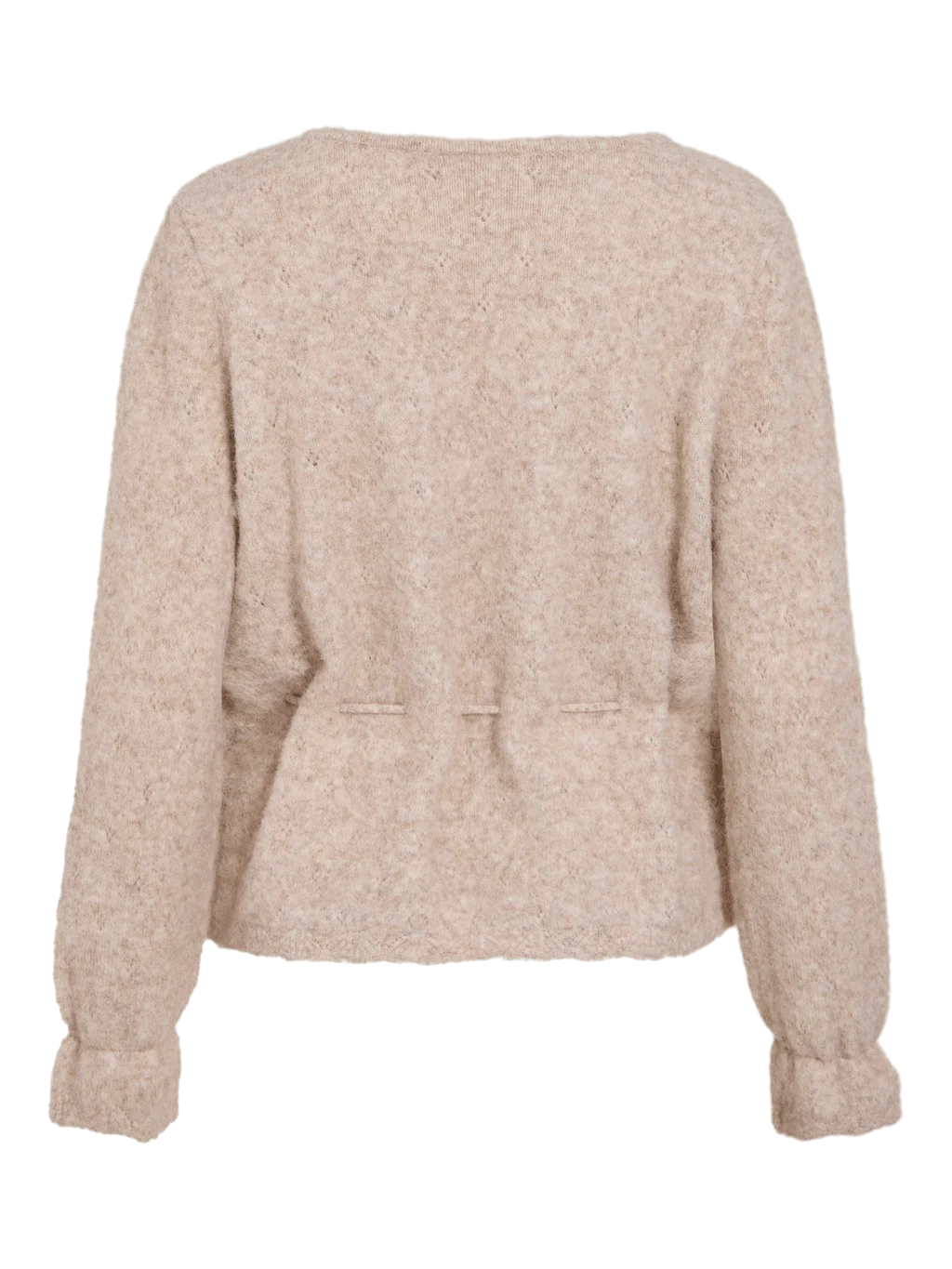 Vue de dos du pull beige en maille Vichamblin VILA montrant le tissage pointelle et le passage du cordon