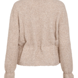 Vue de dos du pull beige en maille Vichamblin VILA montrant le tissage pointelle et le passage du cordon