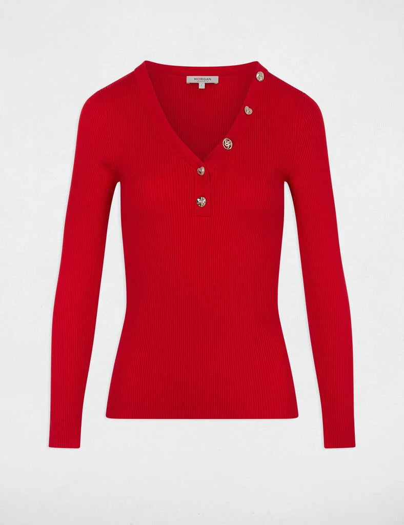 Vue à plat du pull col V rouge tomate à boutons bijoux MORGAN Mbiz