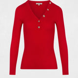 Vue à plat du pull col V rouge tomate à boutons bijoux MORGAN Mbiz