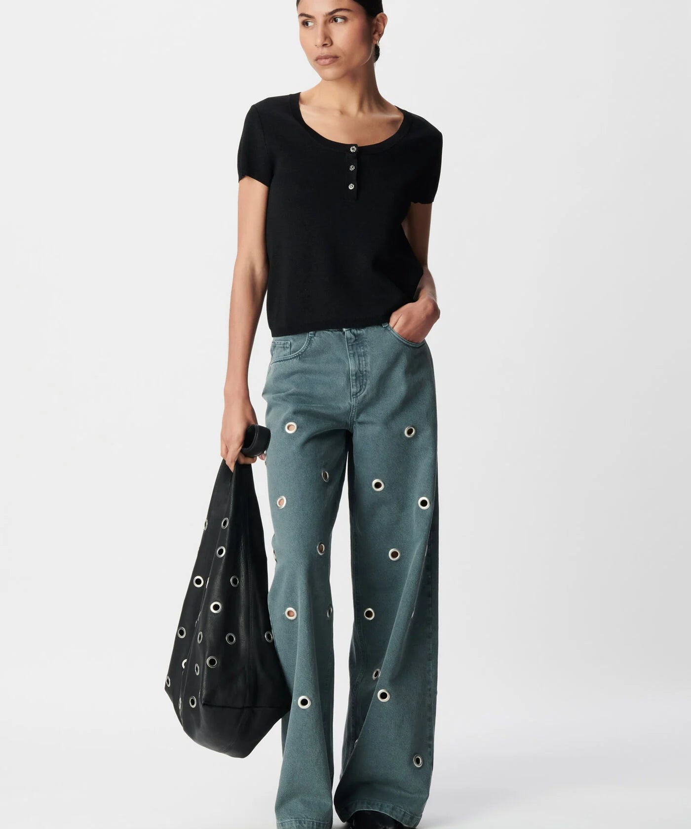 Pull fin boutonné à manches courtes effet séquin B318335 - Noir - IKKS WOMEN