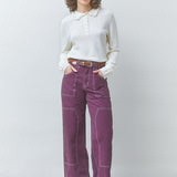 Look complet avec le pull polo blanc cassé Perigi SUNCOO FEMME et un pantalon large prune à surpiqûres