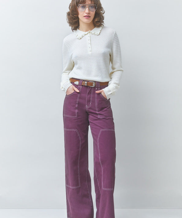 Look complet avec le pull polo blanc cassé Perigi SUNCOO FEMME et un pantalon large prune à surpiqûres