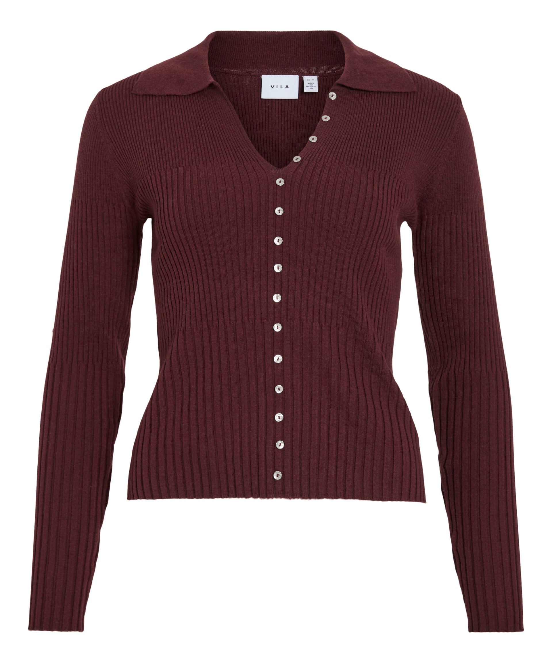 Pull polo en maille côtelée bordeaux Tawny Port VILA Vimedusi avec col en V et rangée de petits boutons vue de face