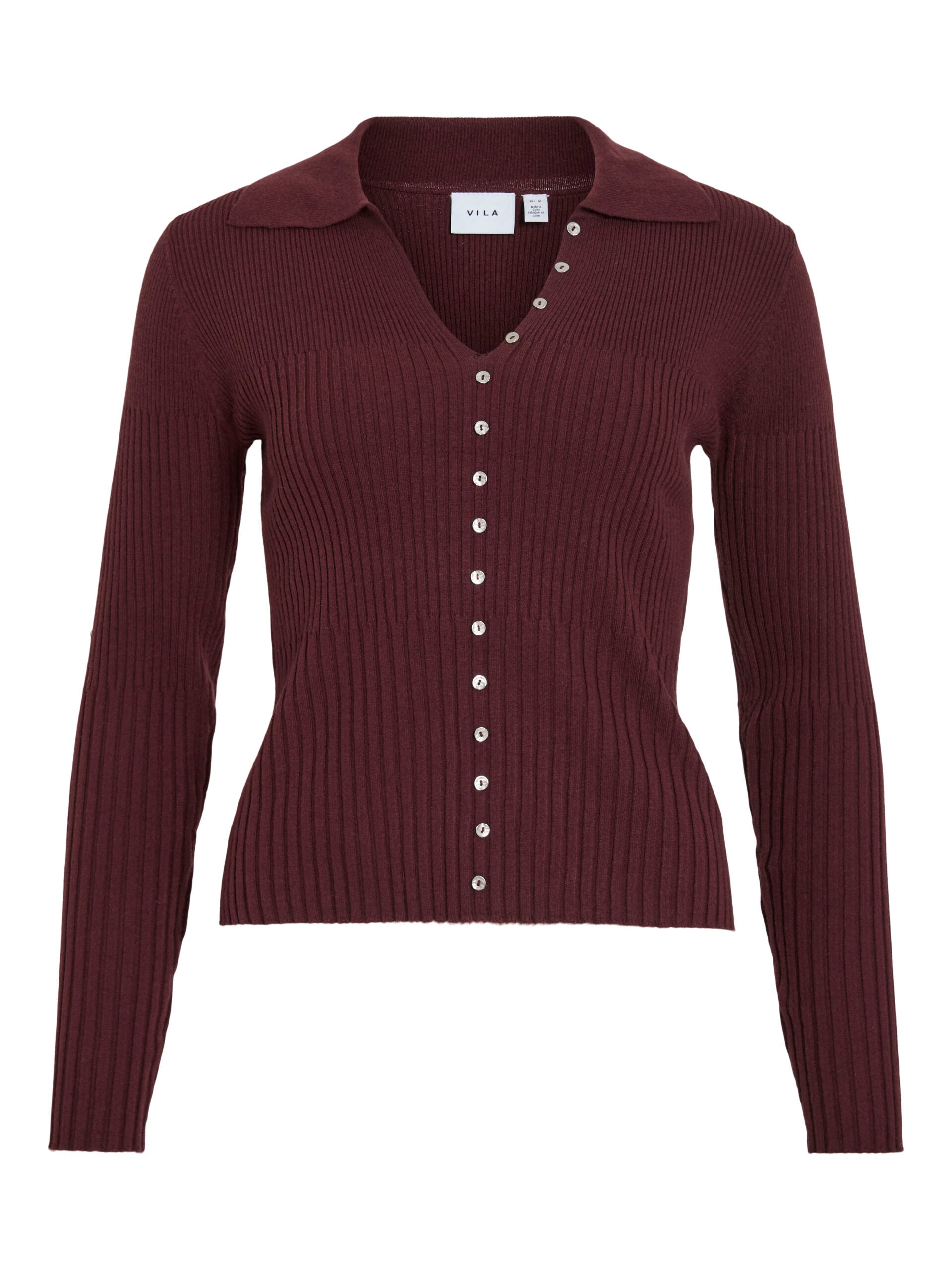 Pull polo en maille côtelée bordeaux Tawny Port VILA Vimedusi avec col en V et rangée de petits boutons vue de face