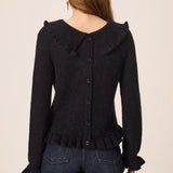 Vue de dos du pull marine Denise DES PETITS HAUTS montrant la fausse patte de boutonnage