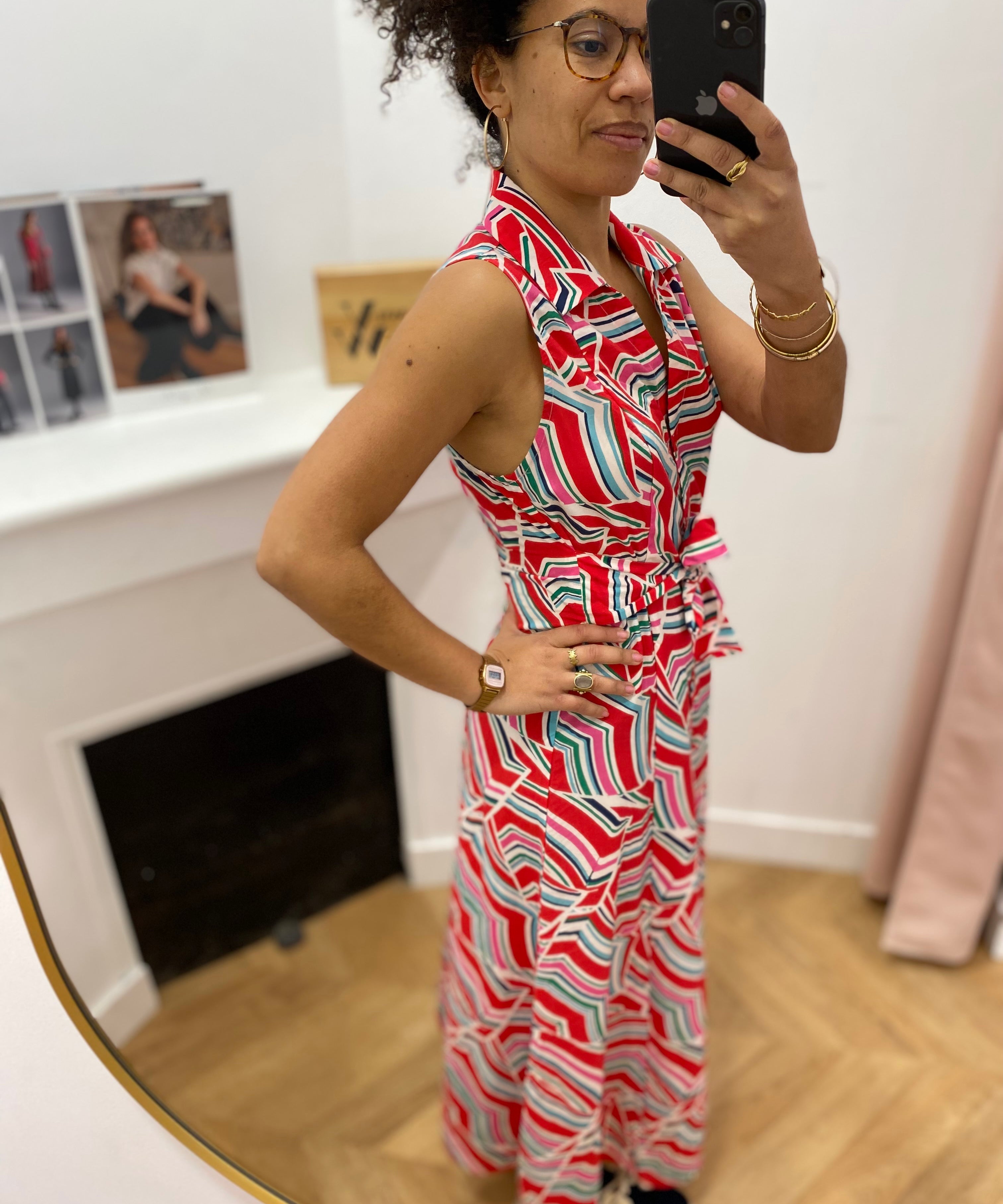 Robe longue sans manches ceinturée à motifs géométriques - Blanc - LOLA ESPELETA