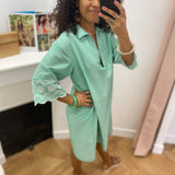 Robe chemise rayée à manches brodées - Vert - LOLA ESPELETA