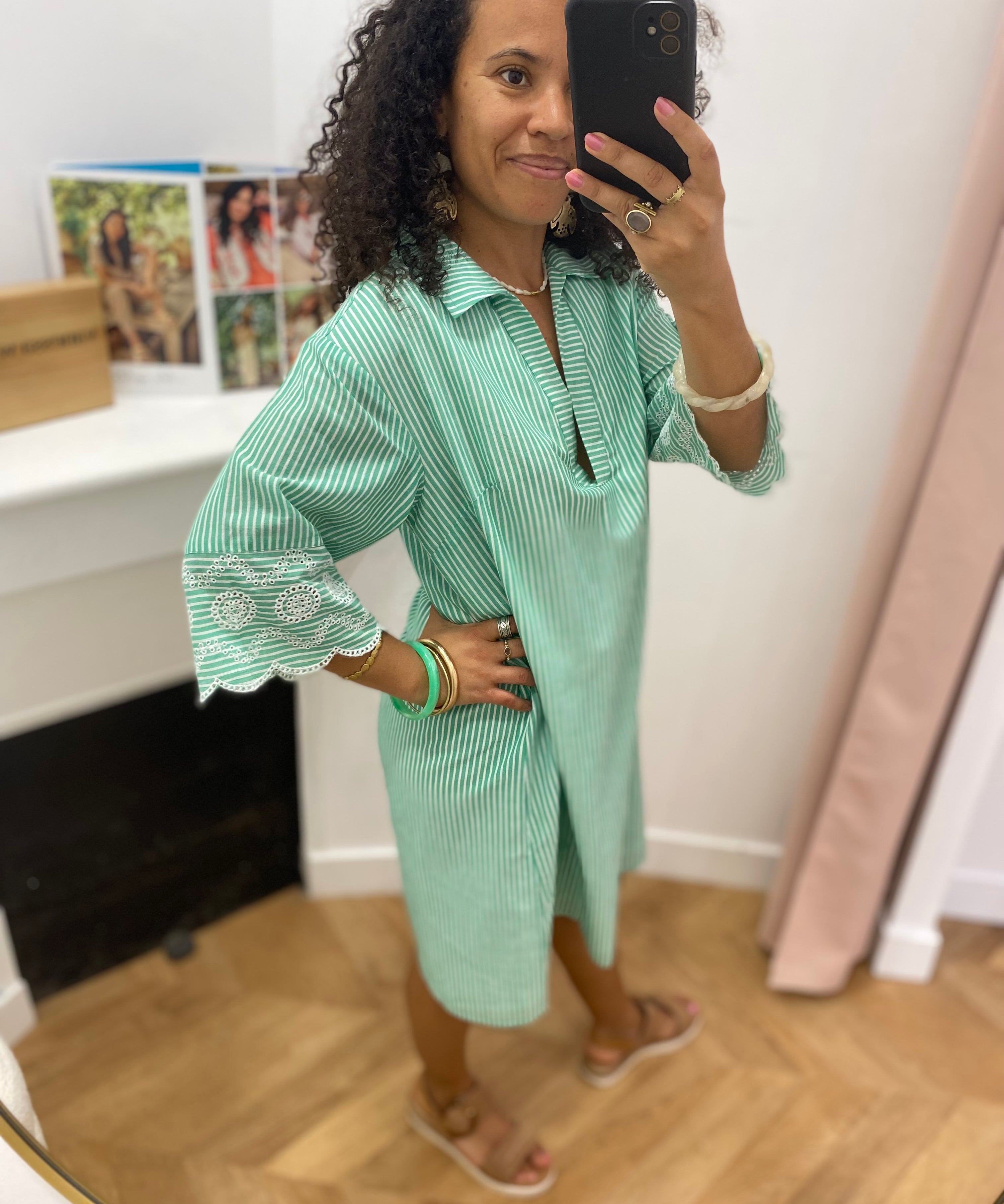 Robe chemise rayée à manches brodées - Vert - LOLA ESPELETA