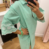Robe chemise rayée à manches brodées - Vert - LOLA ESPELETA