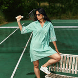 Robe chemise rayée à manches brodées - Vert - LOLA ESPELETA