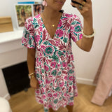 Robe courte fluide imprimée fleurs Mosaïque  - Fushia - C'EST BEAU LA VIE !