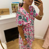 Robe courte fluide imprimée fleurs Mosaïque  - Fushia - C'EST BEAU LA VIE !