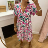 Robe courte fluide imprimée fleurs Mosaïque  - Fushia - C'EST BEAU LA VIE !