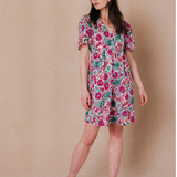 Robe courte fluide imprimée fleurs Mosaïque  - Fushia - C'EST BEAU LA VIE !
