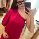 Robe courte à manche bouffante asymétrique en lin Estrella - Fuchsia - DES PETITS HAUTS