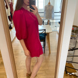 Robe courte à manche bouffante asymétrique en lin Estrella - Fuchsia - DES PETITS HAUTS