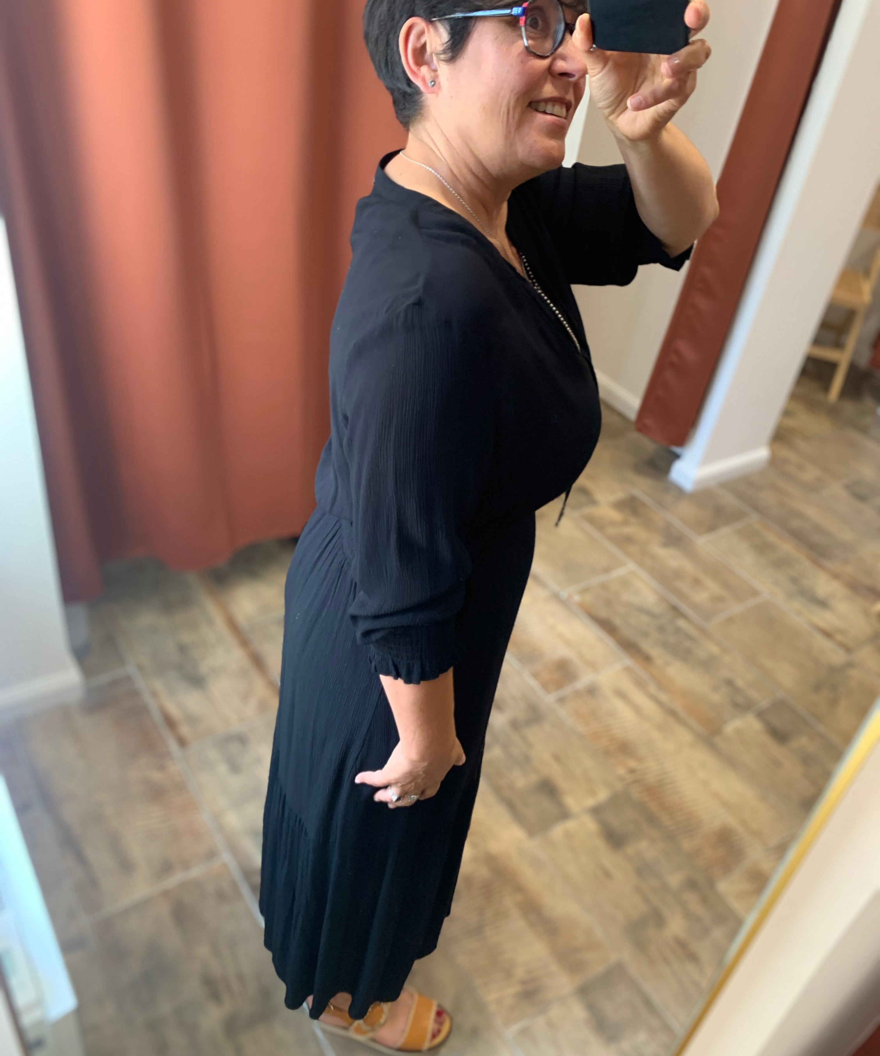 Robe longue manches smockées - Noire - IKKS WOMEN