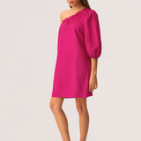 Robe courte à manche bouffante asymétrique en lin Estrella - Fuchsia - DES PETITS HAUTS