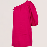Robe courte à manche bouffante asymétrique en lin Estrella - Fuchsia - DES PETITS HAUTS