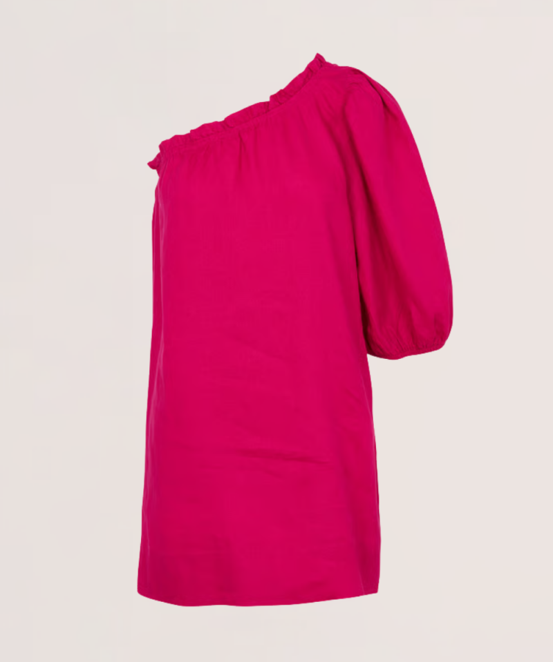 Robe courte à manche bouffante asymétrique en lin Estrella - Fuchsia - DES PETITS HAUTS