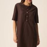 Robe courte en lin à col tunisien Tahmata - Terre - DES PETITS HAUTS