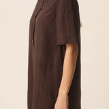 Robe courte en lin à col tunisien Tahmata - Terre - DES PETITS HAUTS