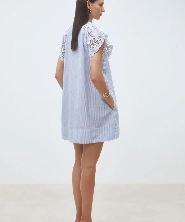 Robe courte évasée à rayures et détails brodés Cidji - Bleu - SUNCOO