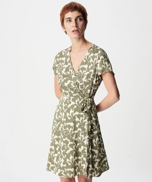 Robe courte portefeuille imprimée à nouer B330795 - Kaki - IKKS WOMEN