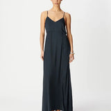 Robe longue avec boutons et fines bretelles en satin B330515 - Marine - IKKS WOMEN