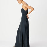 Robe longue avec boutons et fines bretelles en satin B330515 - Marine - IKKS WOMEN