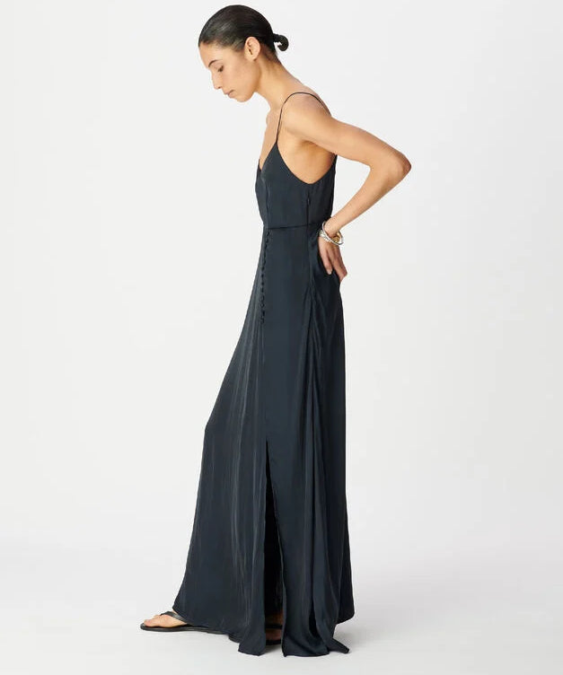 Robe longue avec boutons et fines bretelles en satin B330515 - Marine - IKKS WOMEN