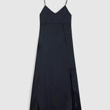 Robe longue avec boutons et fines bretelles en satin B330515 - Marine - IKKS WOMEN