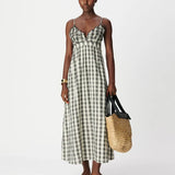 Robe longue bohème à carreaux et broderies Yvia - Ecru & Noir - IKKS WOMEN